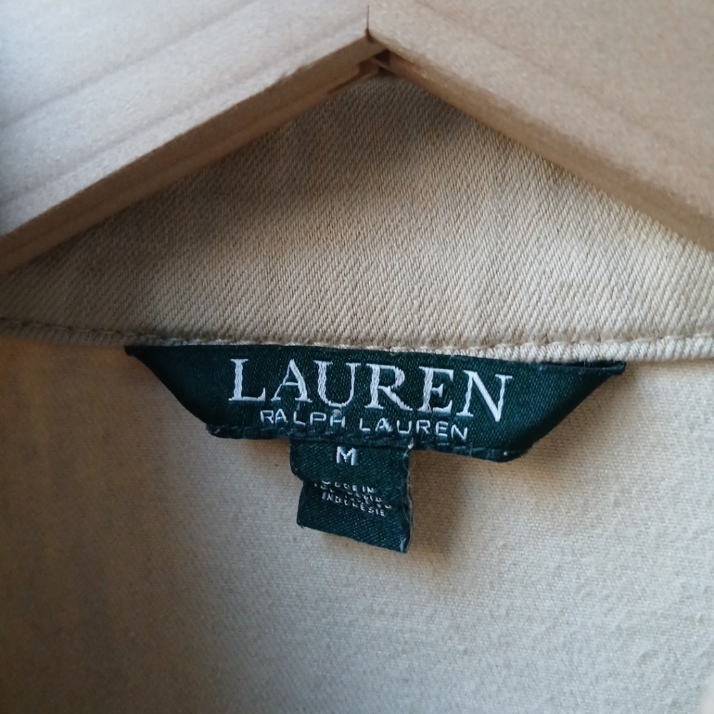 Lauren Ralph Lauren Canvas Moto Jacket Tan Leather Trim Medium - Picture 4 of 7